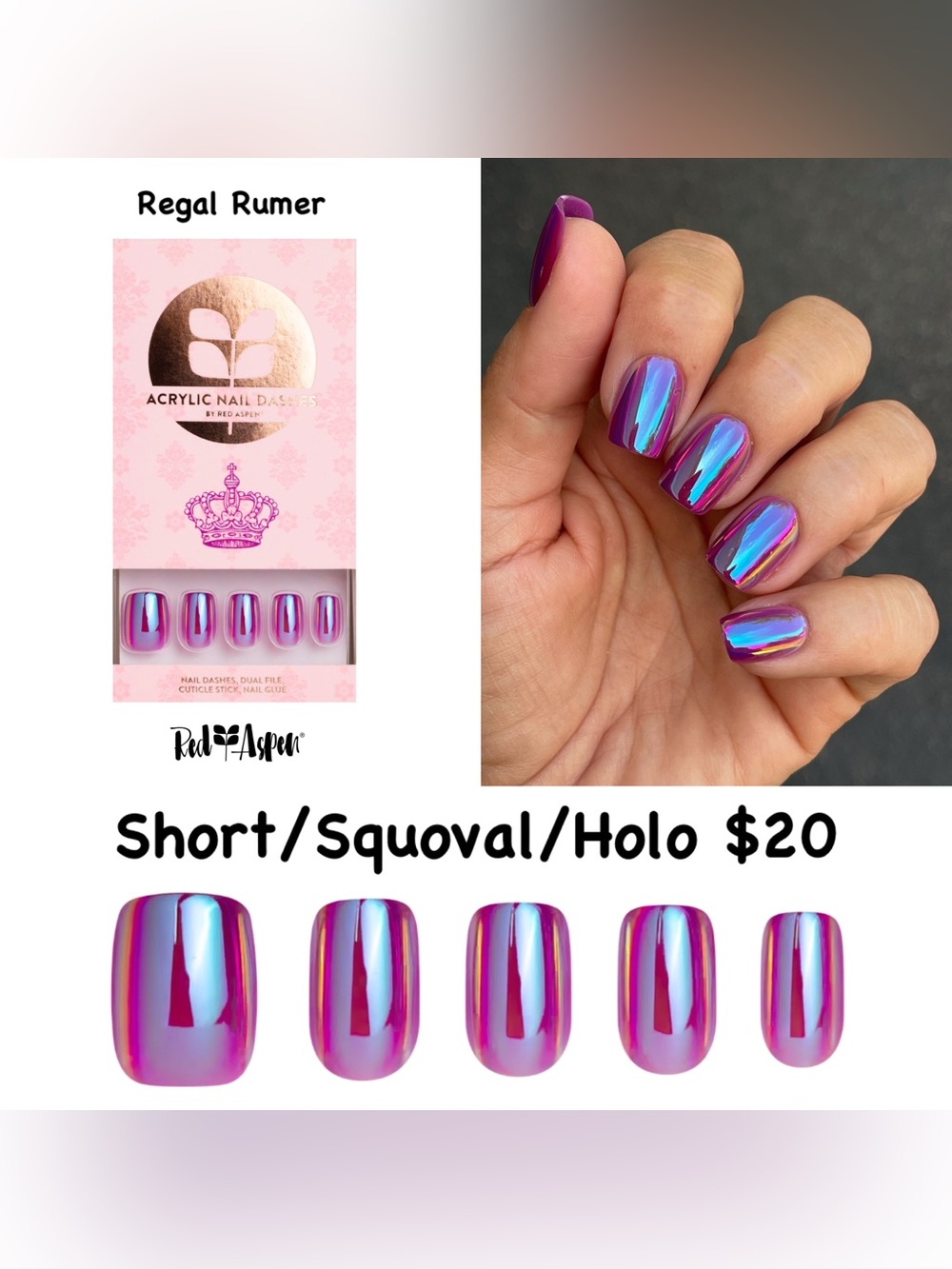 Red Aspen Regal Rumer Short Squoval Holographic Press-On Nails - Pink/Purple